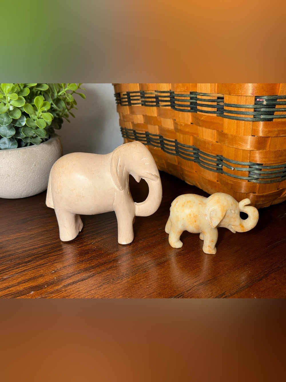 Vintage Hand-Carved Soapstone Elephant Set of 2 African Kenya Stone Carvings